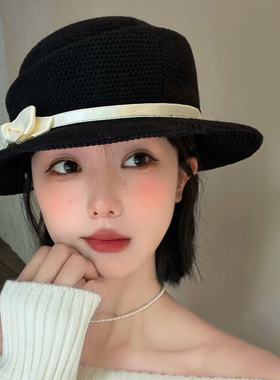 黑色赫本风蝴蝶结编织礼帽女优雅