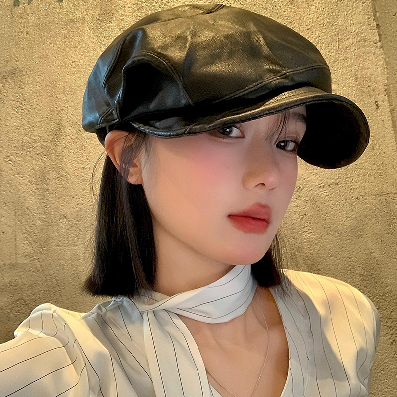 韩系复古PU皮质黑色贝雷帽女春秋