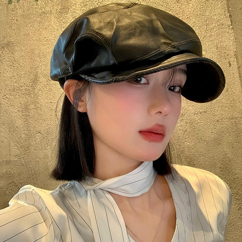 韩系复古PU皮质黑色贝雷帽女春秋