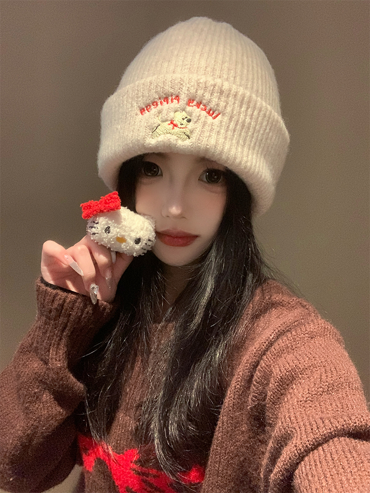 Cute Puppy Embroidered Knitted Wool Hat for Women, 2025 New Autumn and Winter Style, Makes Face Look Smaller, Versatile, Large Head Circumference Hat