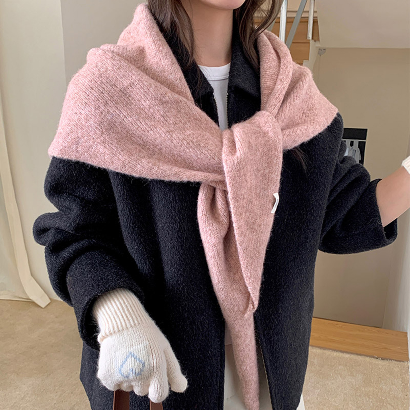 法式复古纯色三角巾大披肩女