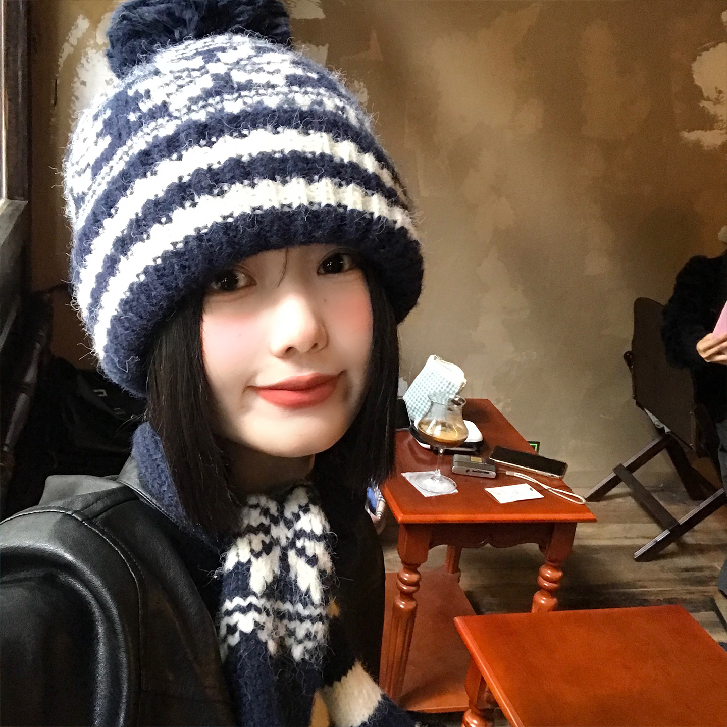 费尔岛藏青色针织毛线帽女2025冬