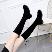 中筒靴女新款 高筒靴不过膝小码 新款 42大码 瘦腿弹力靴圆头平底女鞋