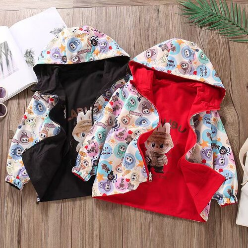 儿童外套双面穿2026春秋新款男童女童连帽外套宝宝卡通拉布布上衣