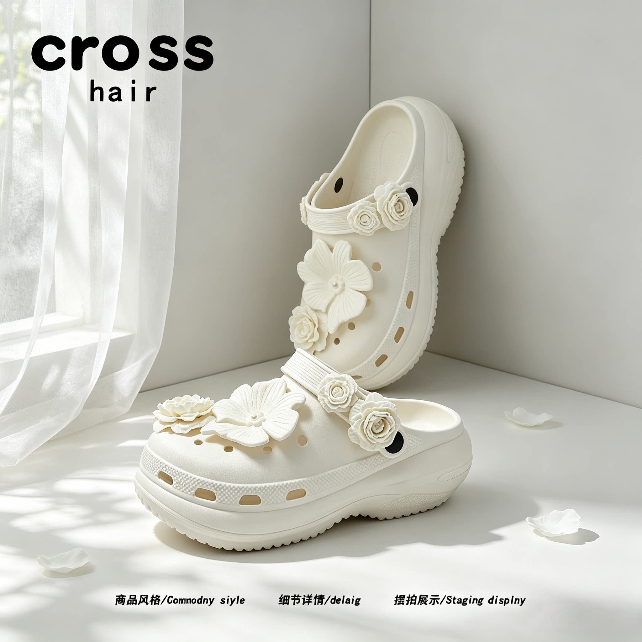 【月下美人】crosshair夏季梦幻白玫瑰洞洞鞋女款增高百搭凉拖鞋