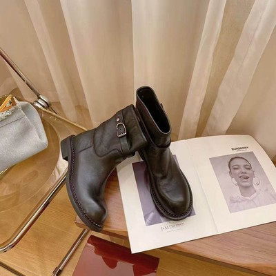 高档头层牛皮粗跟时尚短靴女