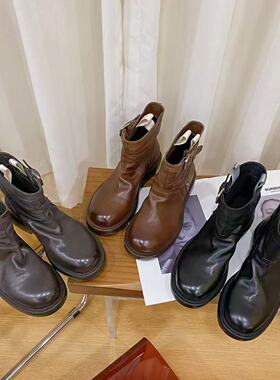 VK定制 欧洲站高档头层牛皮粗跟时尚短靴女89229