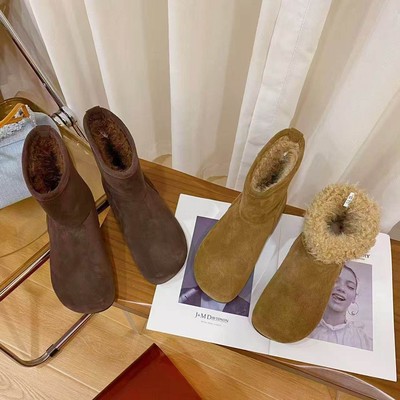 高档头层牛皮粗跟时尚短靴女