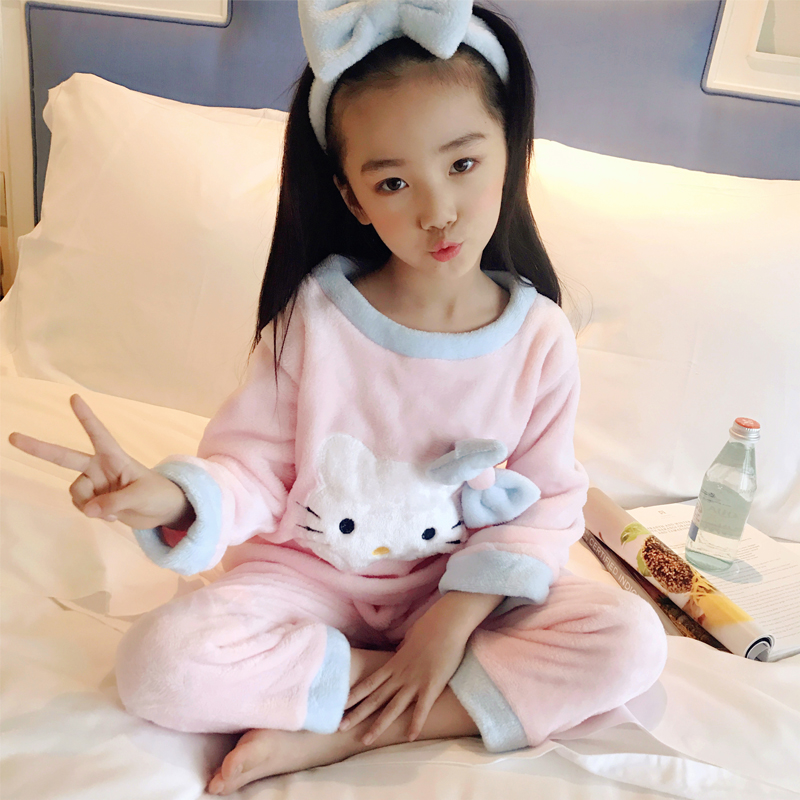 女童珊瑚绒睡衣冬季儿童长袖法兰绒家居服套装秋冬宝宝加厚小女孩