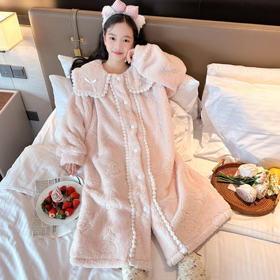 儿童珊瑚绒睡衣女童睡袍秋冬季加厚款2025新款女孩睡裙法兰绒浴袍