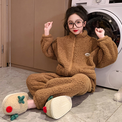 2025冬新款女童立领开衫家居服套装保暖可外穿加厚睡衣两件套