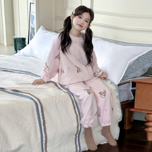 儿童秋冬 大童珊瑚绒法兰绒半边绒家居服套装 女童睡衣2025新款 秋装