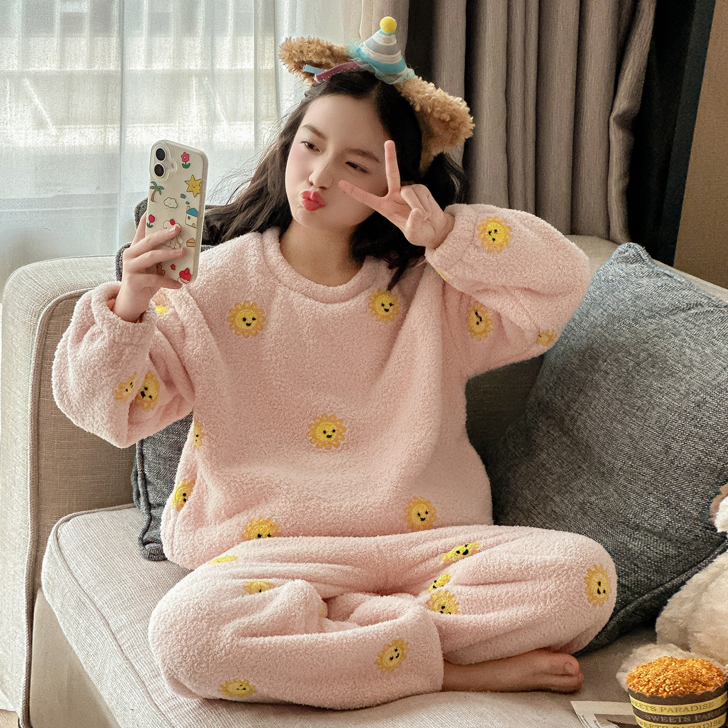 软绵绵半边绒睡衣女童甜美可爱休闲家居服套装珊瑚绒冬季保暖加厚