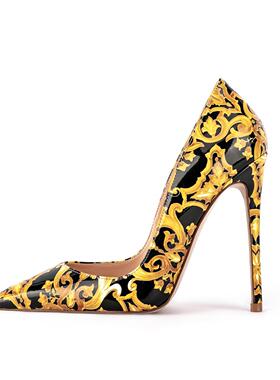 欧美外贸花朵漆皮尖头细高跟单鞋大码反串伪娘CDTS走秀时装皮鞋