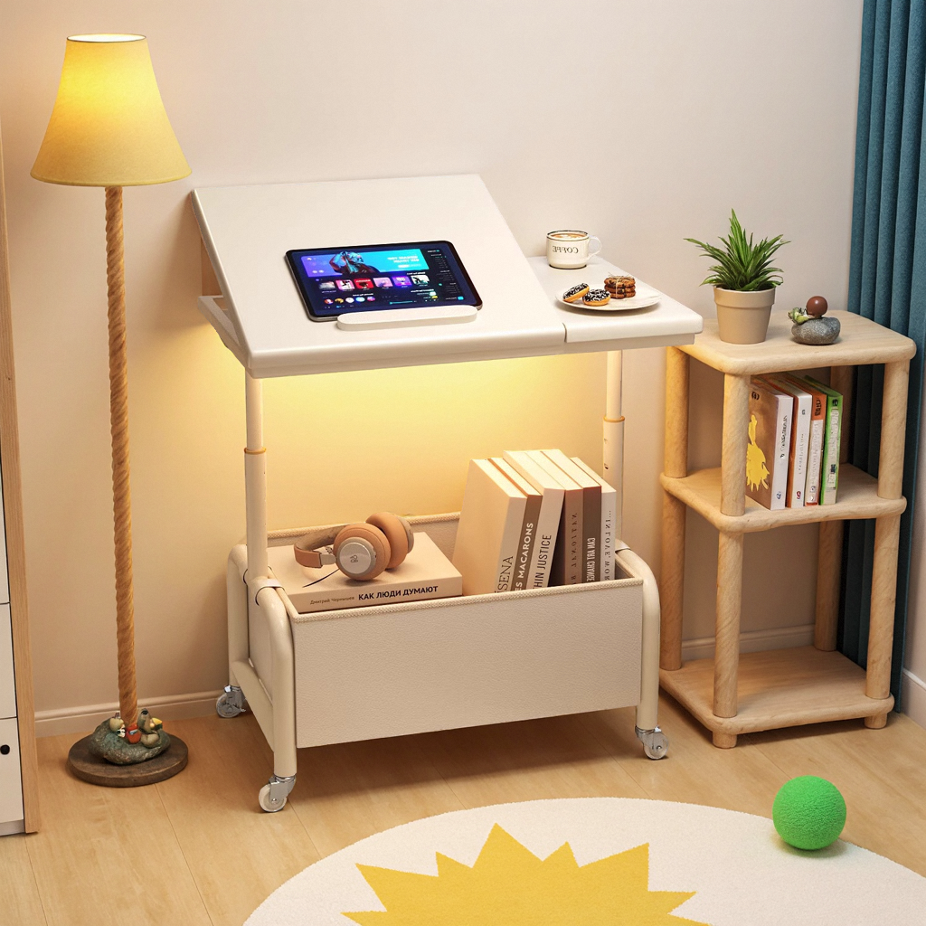 可移动边几伸缩收纳奶油风小茶几