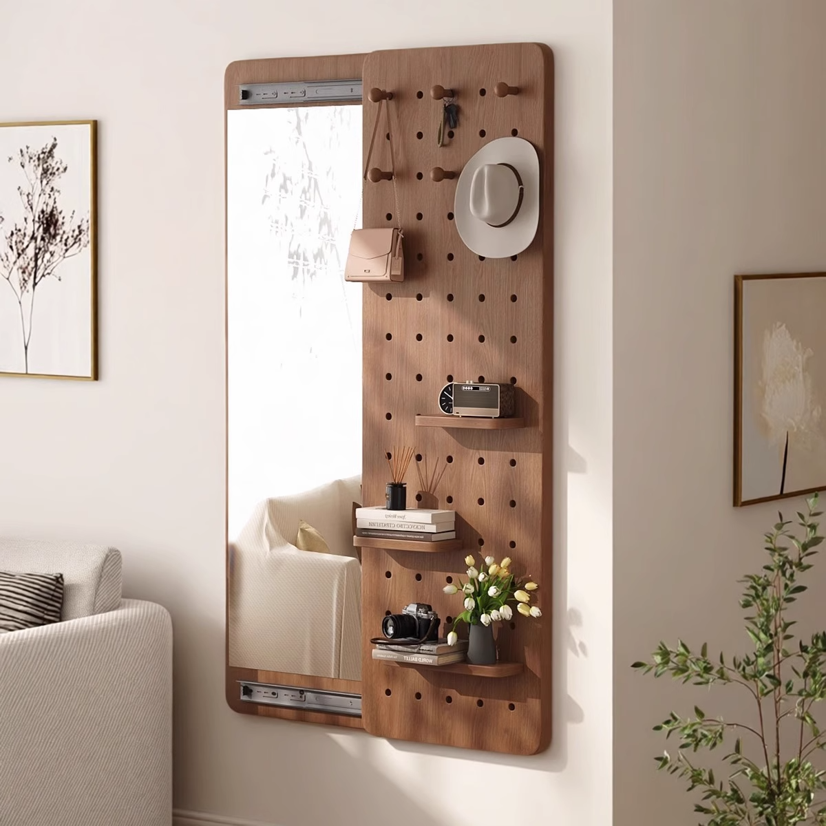 洞洞板穿衣镜衣帽架全身镜置物架