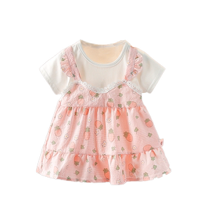 童装女童夏季短袖上衣时髦夏装女宝宝薄款假两件T恤婴儿夏天衣服