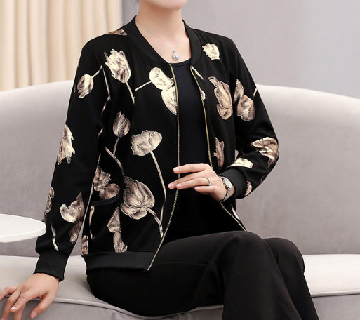 中老年女装春秋款妈妈装外套V领中年女士棒球服洋气夹克衫上