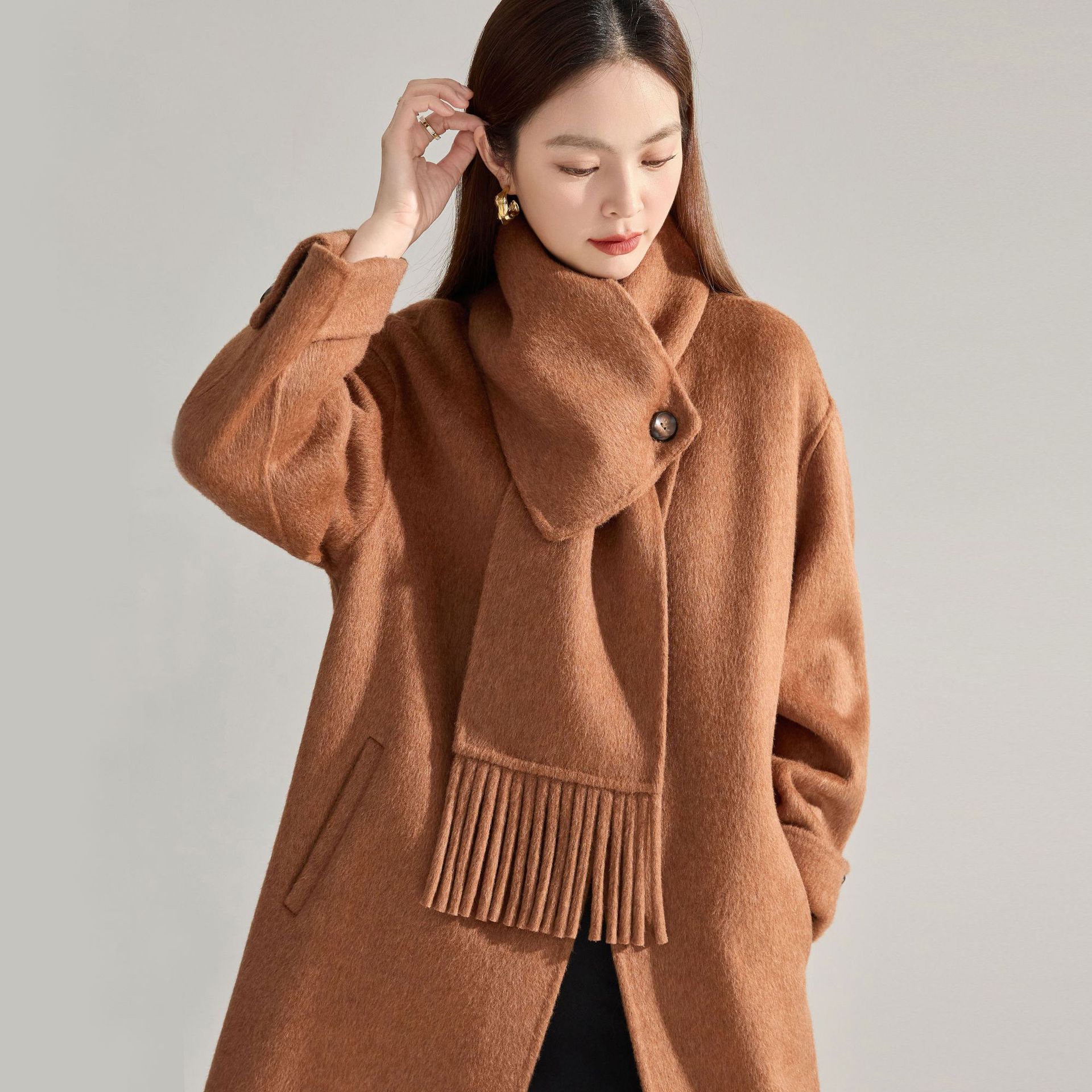 薇珞蘭VELORA新冬季韩版羊毛双面呢可拆卸围巾大衣通勤毛呢外套女