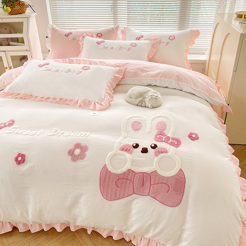 水洗棉四件套非全棉纯棉床单人被套宿舍三件套女孩卡通床品笠简约