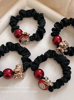 过年红色褶皱小马发圈女高级感丸子头扎头发绳头饰低马尾头绳发饰