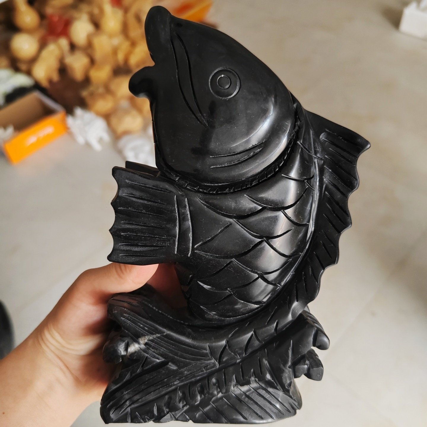 天然家居客厅玄关工艺品招财风水黑曜石鲤鱼跃龙门摆件黑玉石礼品