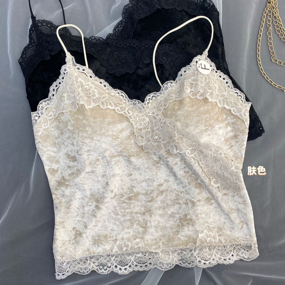 3143#秋冬金丝绒吊带带胸垫美背背心女细肩带蕾丝拼接带胸罩背心