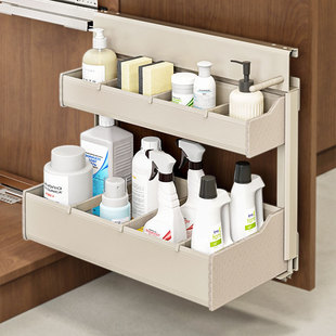 酷太厨房水槽下拉篮置物架橱柜双层中枢阁抽屉式柜内铝合金收纳架