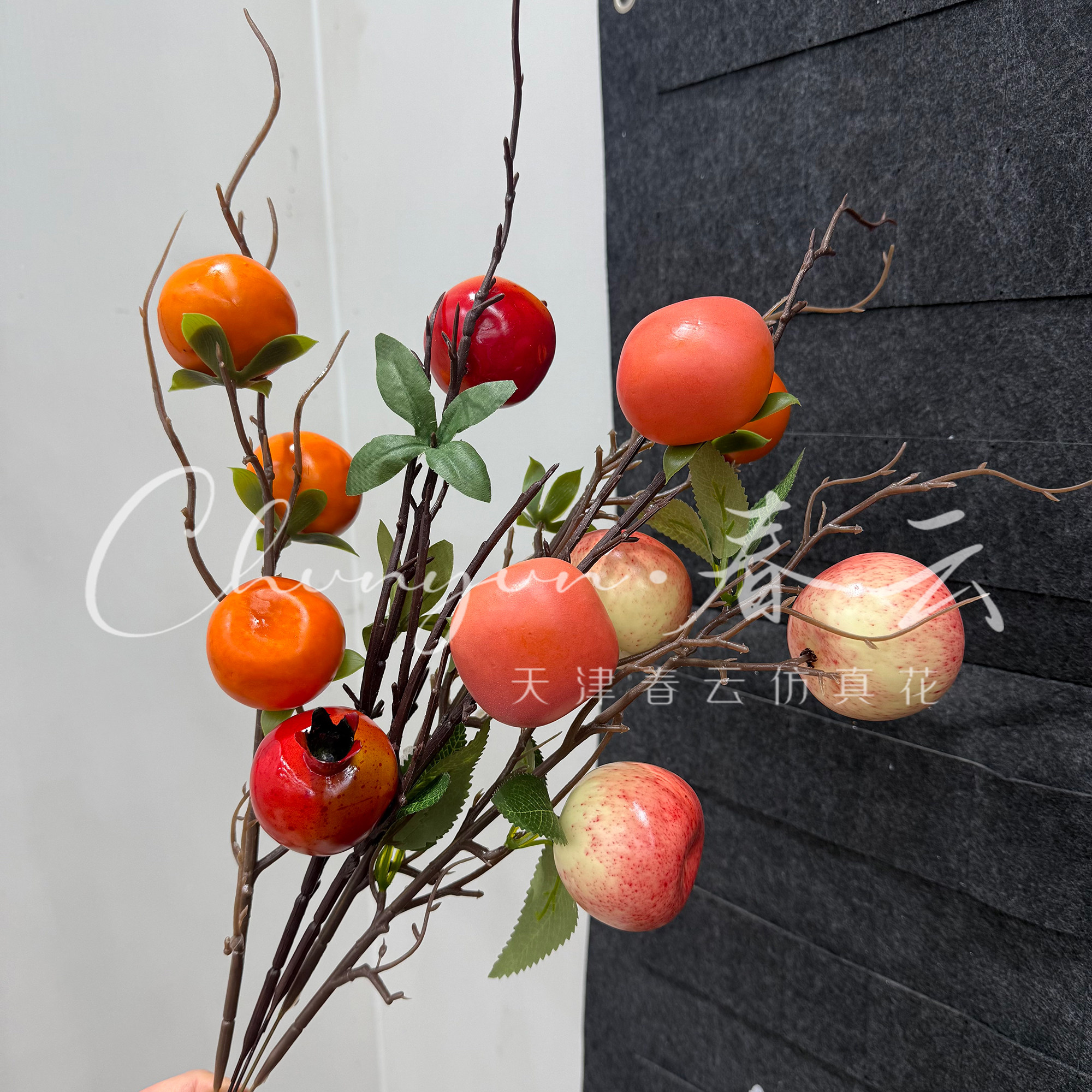 仿真水果柿子石榴尤加利银杏叶绣球金掌年宵花抱抱桶装饰仿真花