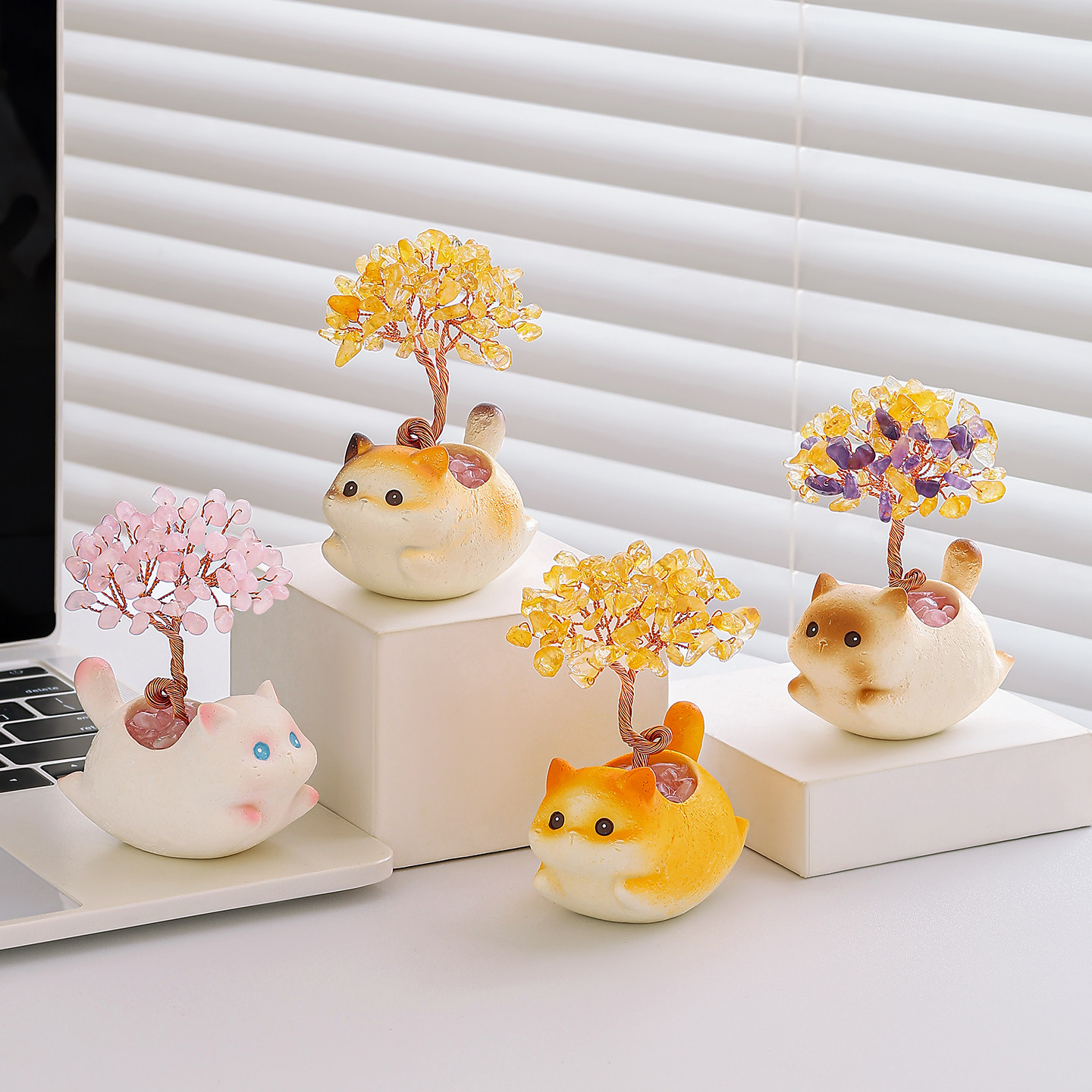 猫咪水晶发财树招财迷你装饰摆件