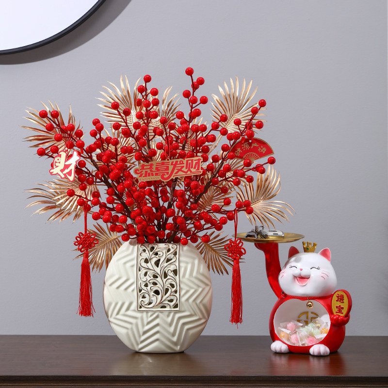 发财果万寿藤花瓶新年红果插花装饰品客厅春节过年仿真花桌面摆件