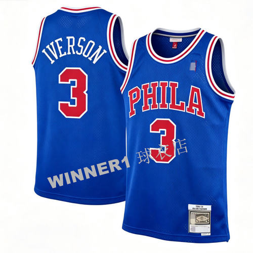美版 76人队3号 ALLEN IVERSON 艾弗森 艾佛森10周年篮球服蓝热压
