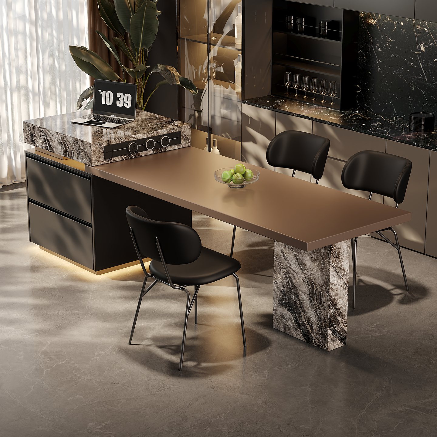 可伸缩岩板一体岛台餐桌威尼斯棕