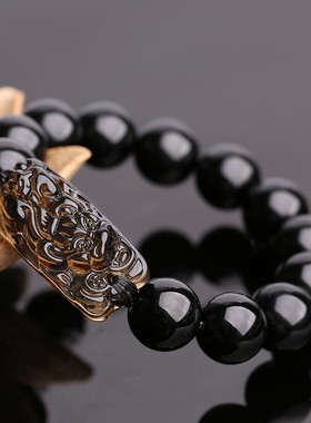 天然冰种貔貅黑曜石招财手链
