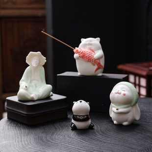 陶瓷姜太公钓鱼摆件垂钓老渔翁线香插香座香托茶室创意小香炉薰香