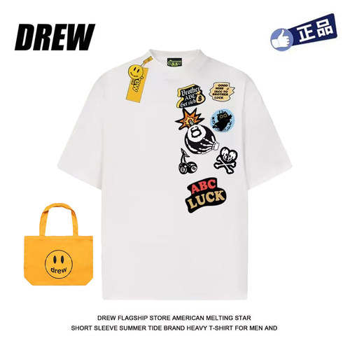 Drew笑脸美式高街复古涂鸦ins潮牌印花短袖t恤男女款小众情侣上衣