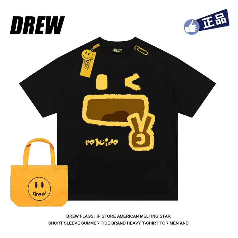 Drew huens笑臉美式復(fù)古趣味短袖T恤男女潮牌休閑寬松夏季純棉衫