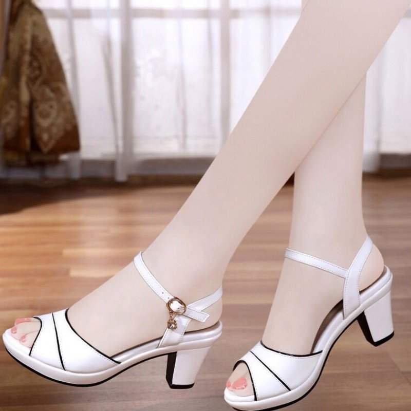 Coarse heeled sandals 2019 summer new pattern High-heeled Women's Shoes All-match fashion one word Buckle Middle heel Peep-toein the Women's Shoes, Sandals  category - from Buy2taobao.com to provide professional Taobao agent buy service