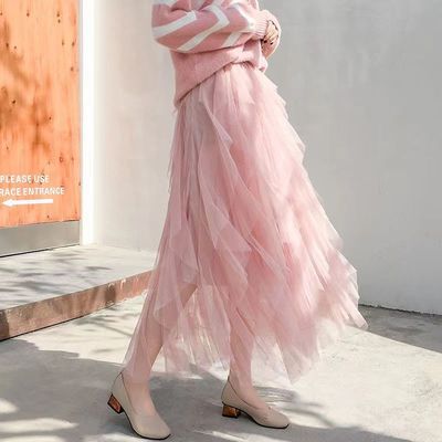 纱学生半身裙不规则百褶蛋糕裙