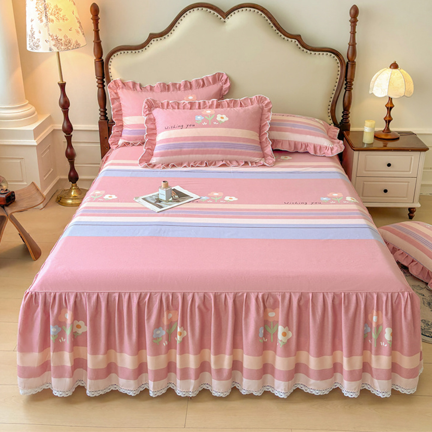 亲肤加厚全棉磨毛单件床裙韩版小碎花四季通用纯棉遮丑床罩三件套