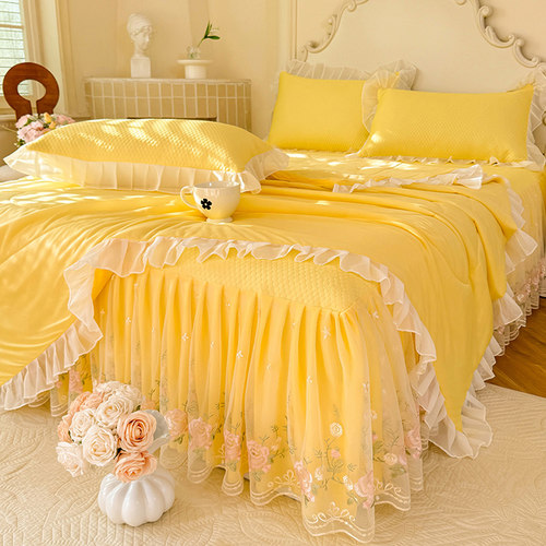 夏季冰丝豆豆凉席三四件套床裙款公主风花边夏凉被可机洗空调软席