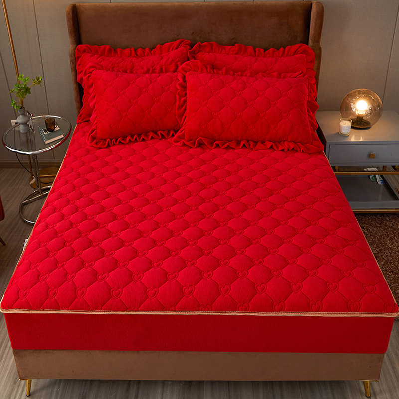 冬天结婚红色a类牛奶绒床笠床罩款单件夹棉绗缝床单加绒厚保护套