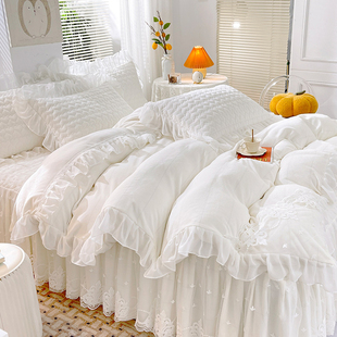 公主风白色四件套床裙款 高级感牛奶绒加厚被套夹棉床单珊瑚绒冬季