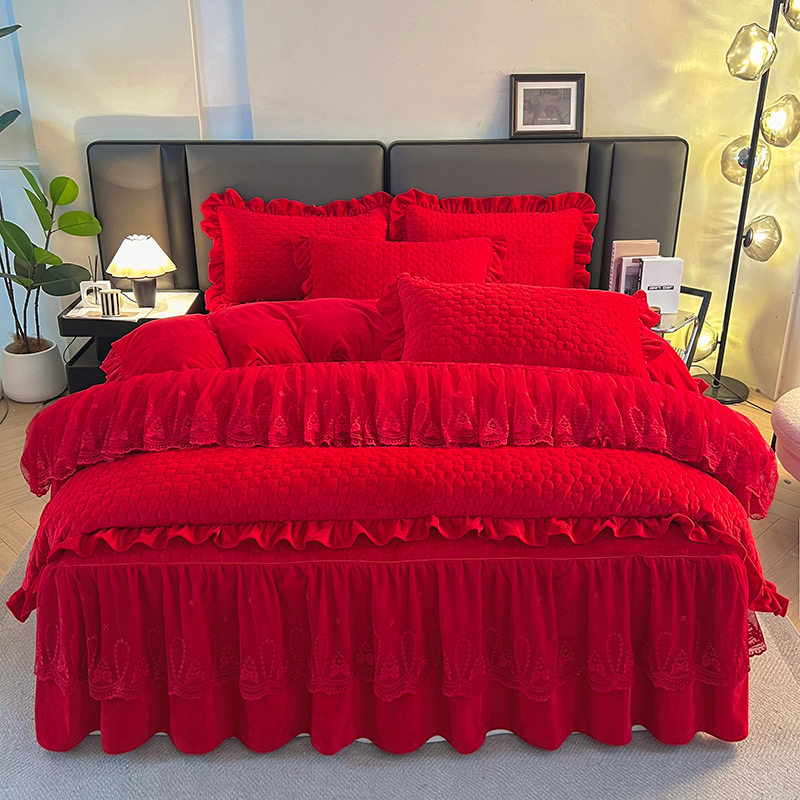 A类保暖婴儿绒夹棉床裙款四件套