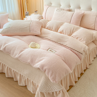 高端加厚绵羊绒牛奶绒夹棉床盖款四件套珊瑚绒双面绒被套保暖冬季