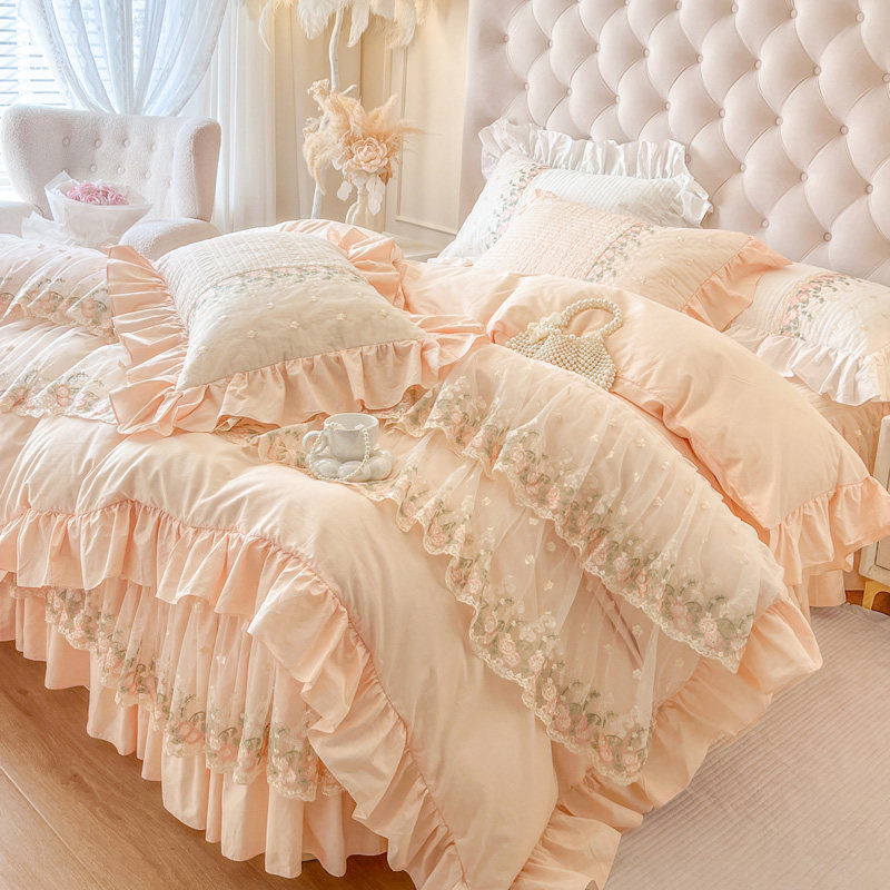 公主风全棉床裙款四件套少女心蕾丝花边纯棉被套四季通用夹棉床罩,床上用品,床品套件/四件套/多件套,淘宝优惠券,粉丝福利购,淘宝优惠卷