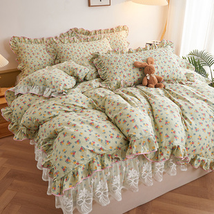 全棉夹棉床笠款四件套100纯棉被套花边床单小碎花清新公主风床上