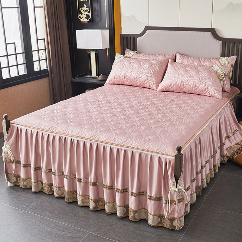 纯色高端轻奢贡缎夹棉床笠式床裙二合一体开叉床罩保护套四季通用,床上用品,床裙,淘宝优惠券,粉丝福利购,淘宝优惠卷