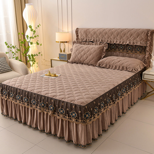 欧式 轻奢A类婴儿绒夹棉床裙单件加厚牛奶珊瑚绒花边床罩三件套冬