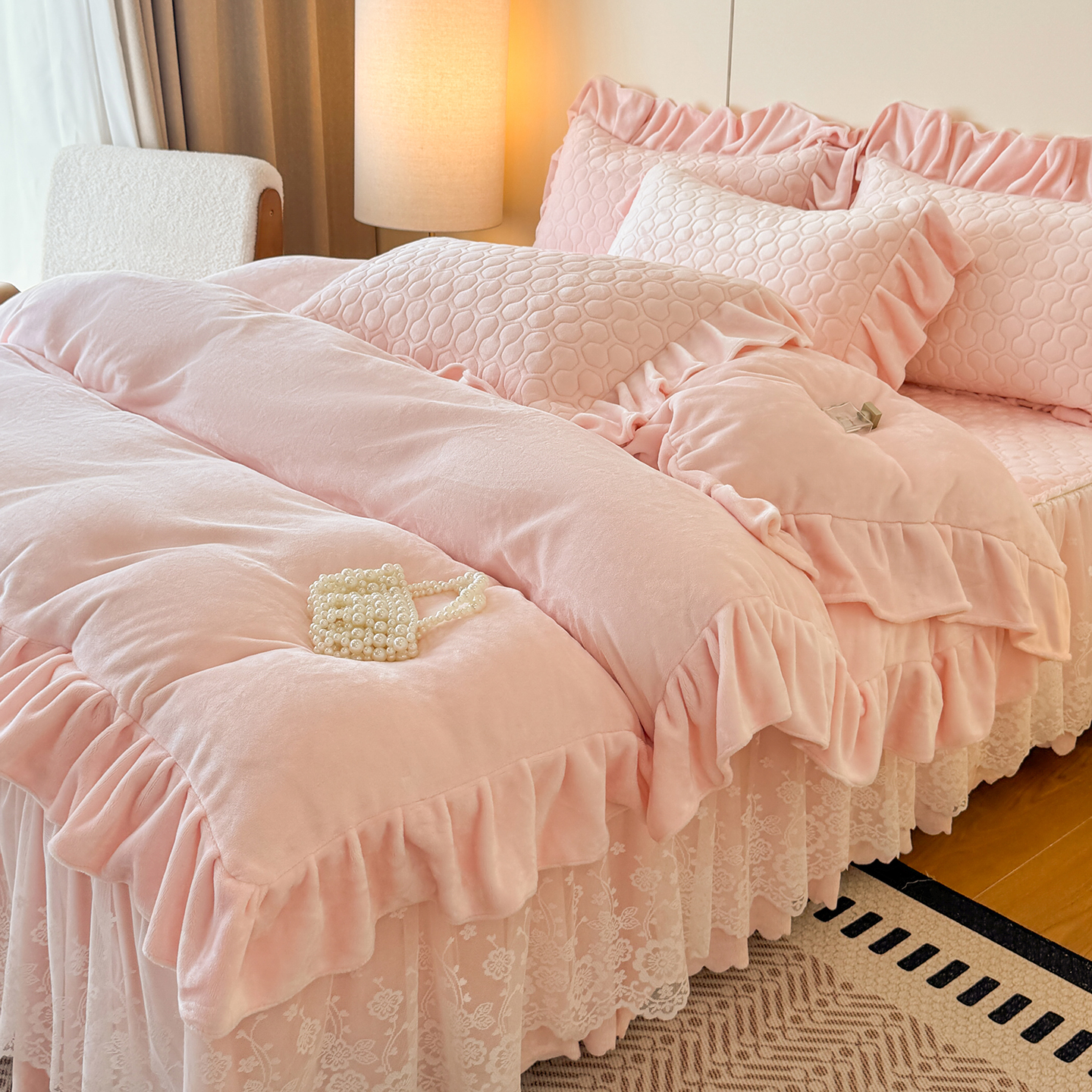 秋冬加厚牛奶绒夹棉床裙款四件套韩式公主风花边被套床罩保暖床品